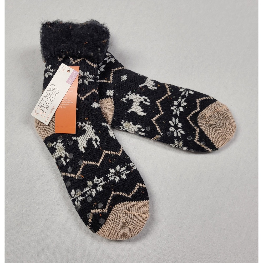 Gilligan & O'Malley Fair Isle Knit Slipper Socks Reindeer Holiday Black OS - NWT